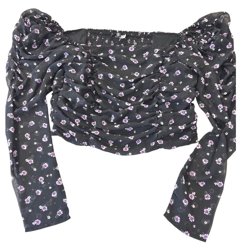 H&M Black Floral Puff Sleeve Smocked Crop‎ Top Size M women nwot